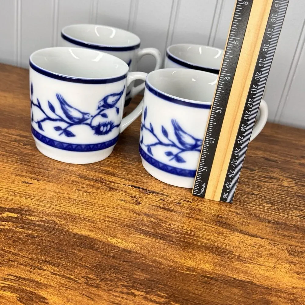 4 Williams Sonoma  Blue White Tea Coffee Cup Mugs Bird Birds on The Branch